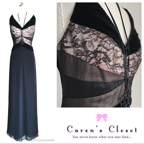 Rimini Black Chiffon Lace & Velvet Formal Gown - Picture 2 of 3